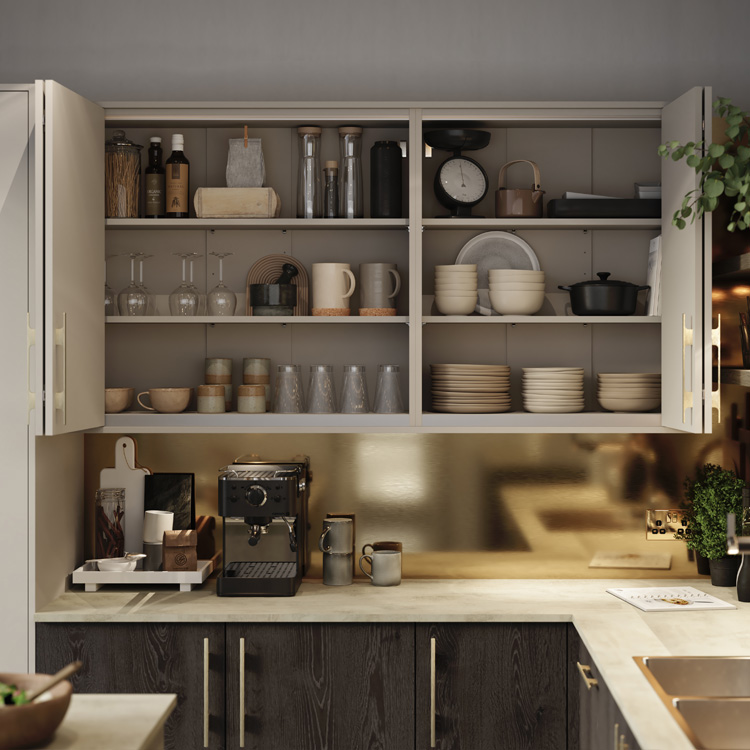 Bi-fold doors fully open on a cabinet full of food