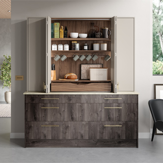 Breakfast dresser unit with Tuscan walnut shelving