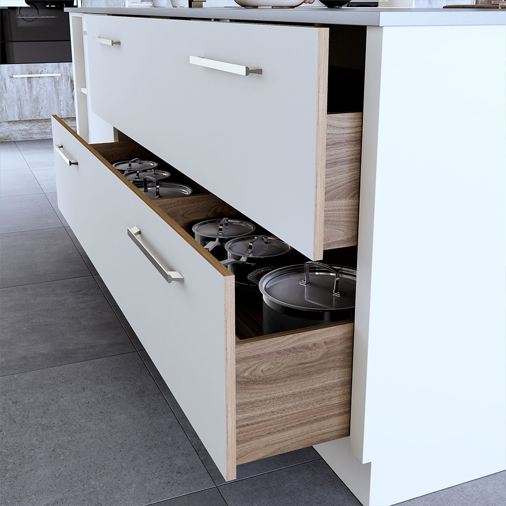 Wood effect pan drawer in Tuscan Walnut.