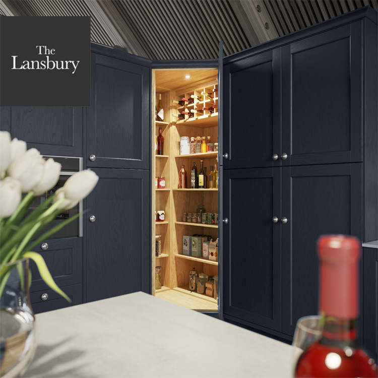 Kitchen corner pantry with navy Shaker-style doors