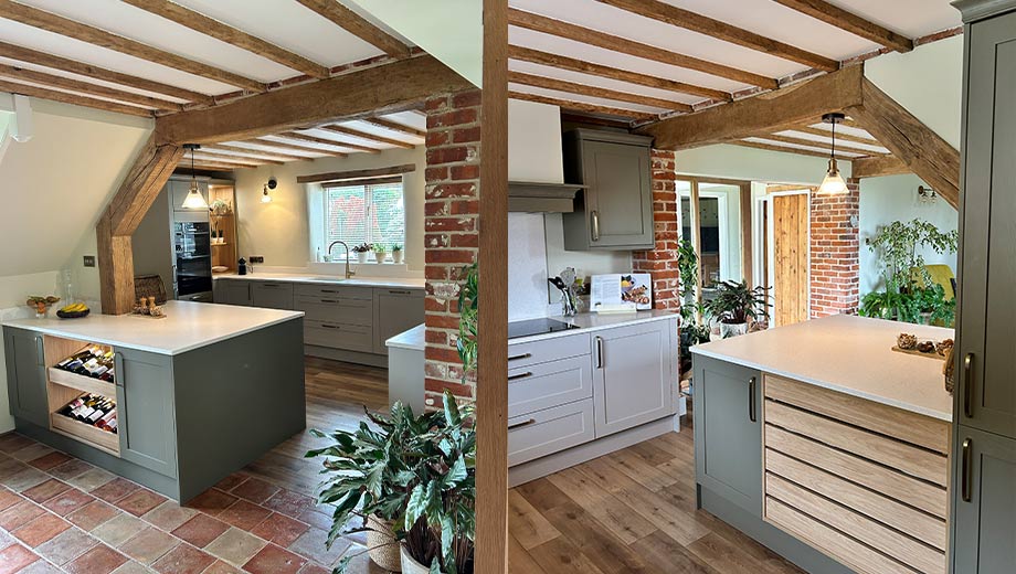 Light green kitchen cabinets with crate drawers