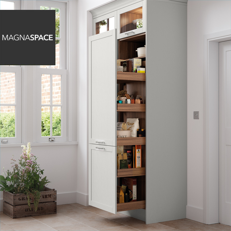 Light grey larder unit in bright kitchen with pull-out connected drawers