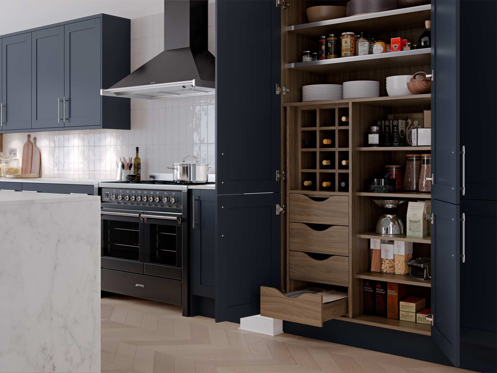 Butlers’ pantry shelves, drawers and pigeonholes in a kitchen storage cabinet