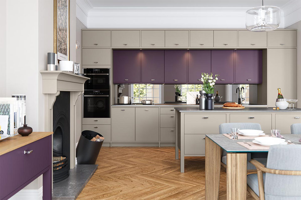 Modern classic style kitchen in Mulberry and Farringdon Grey