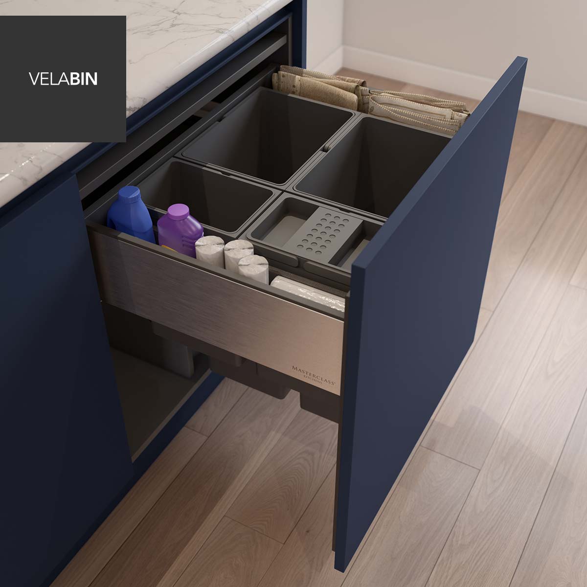 Velabin integrated kitchen bin in Anthracite Linen