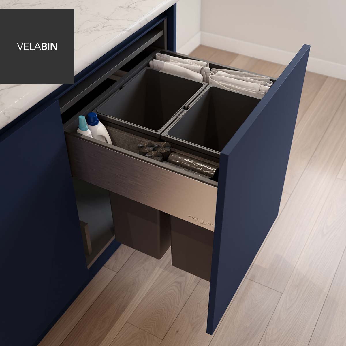 Velabin integrated kitchen bin in Portland Oak